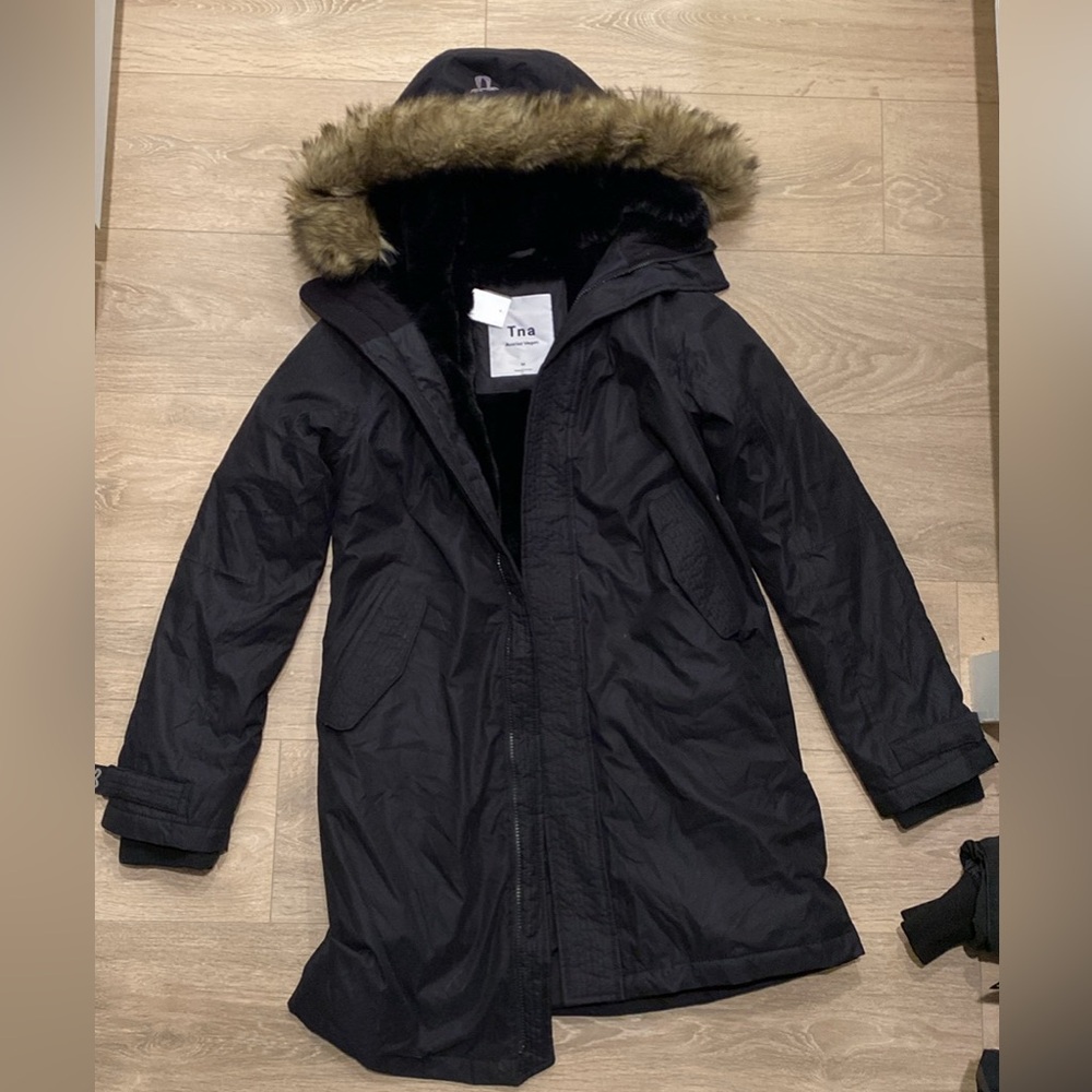TNA Black Hooded Puffer Coat with Faux Fur Trim